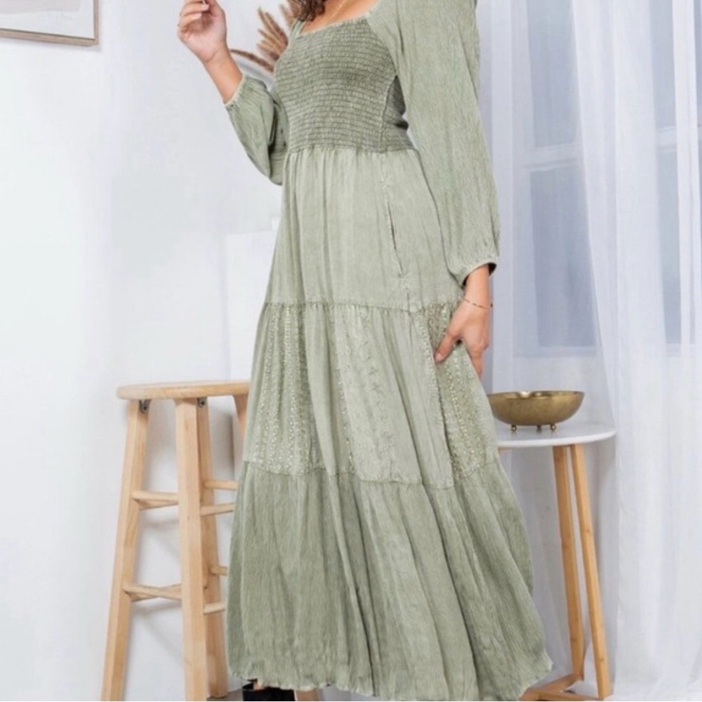 Smocked Square-Neck Tiered Maxi Dress - Sage Green